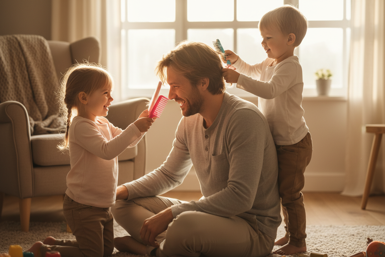 faça uma imagem de um pai com filhos brincando de arrumar o cabelo